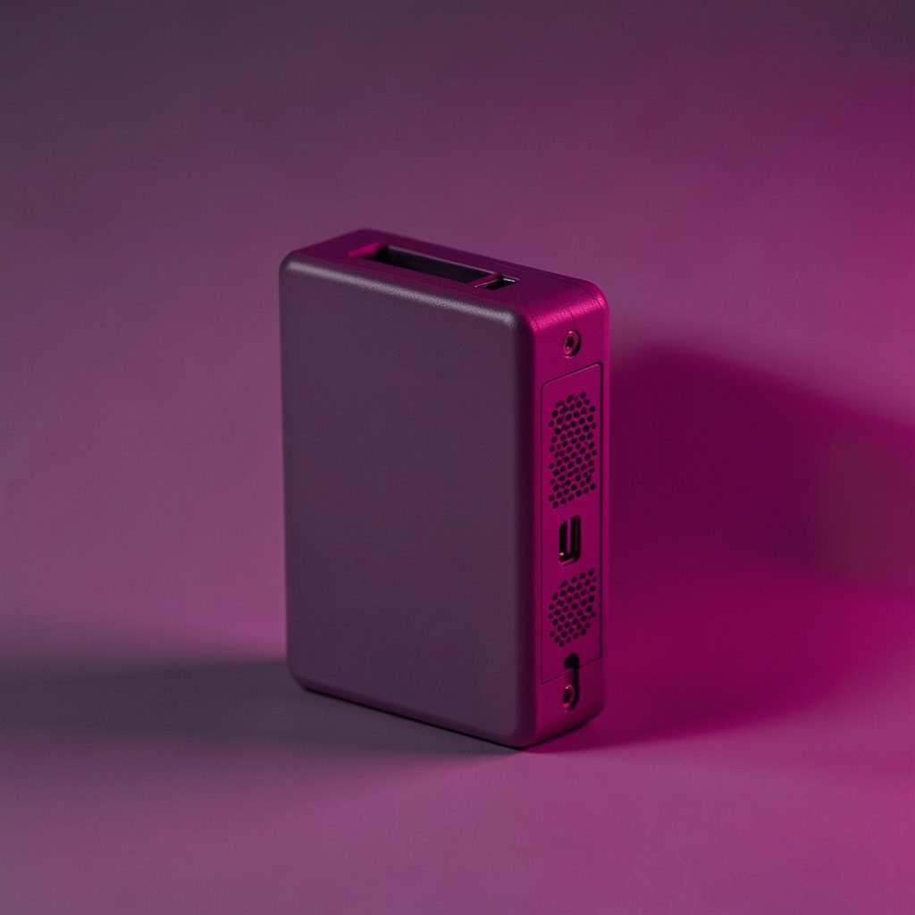 Ilustración duotono en violeta y rosa mostrando varios dispositivos electrónicos: un disco duro externo, una tablet y un smartphone sobre una mesa.